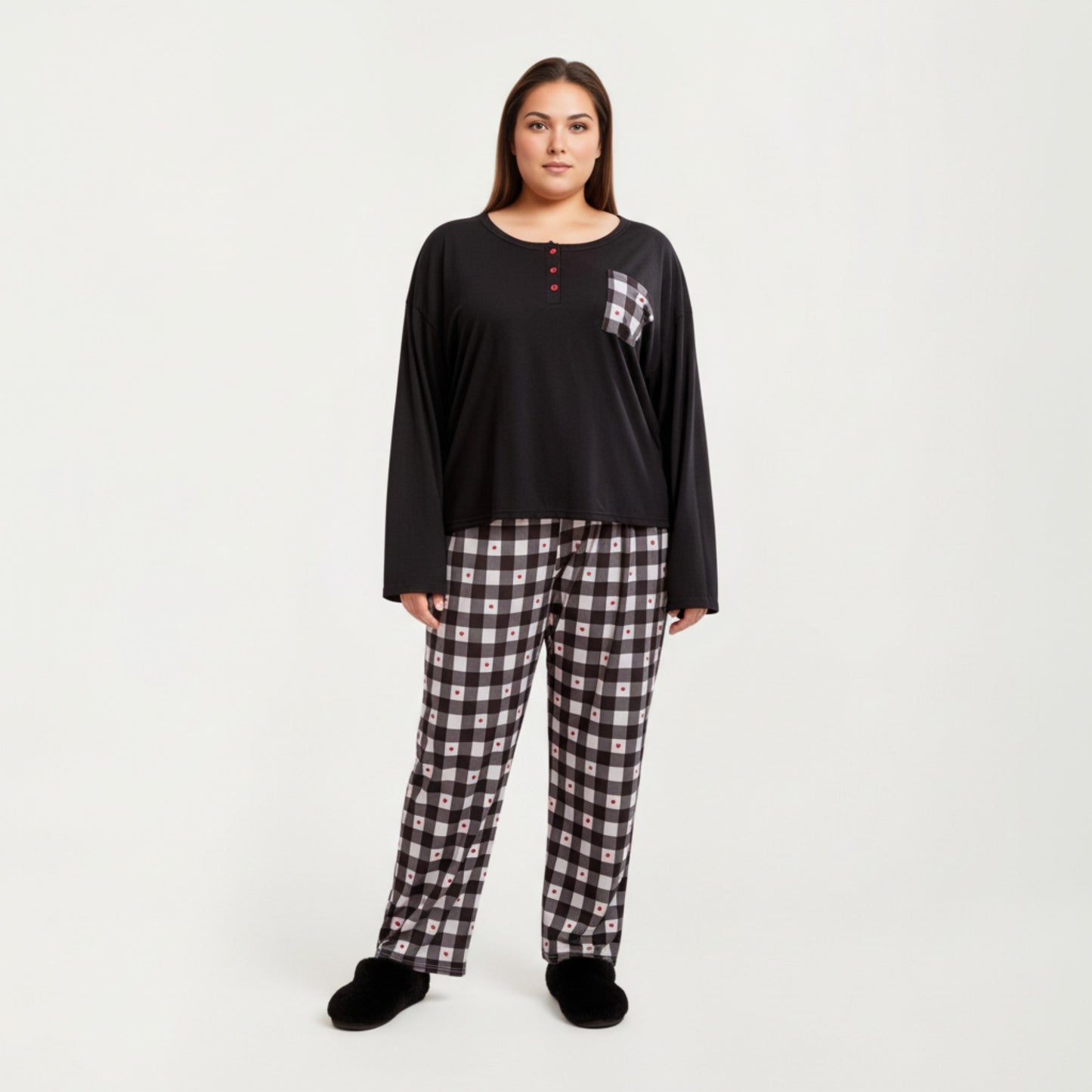 Anna-Kaci Lounge Women' s 2-Piece Set Long Sleeve Henley Top and Plaid Pajama Pants with Soft Stretch Fabric, Chest Pocket Detail