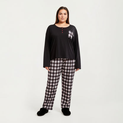 Anna-Kaci Lounge Women' s 2-Piece Set Long Sleeve Henley Top and Plaid Pajama Pants with Soft Stretch Fabric, Chest Pocket Detail