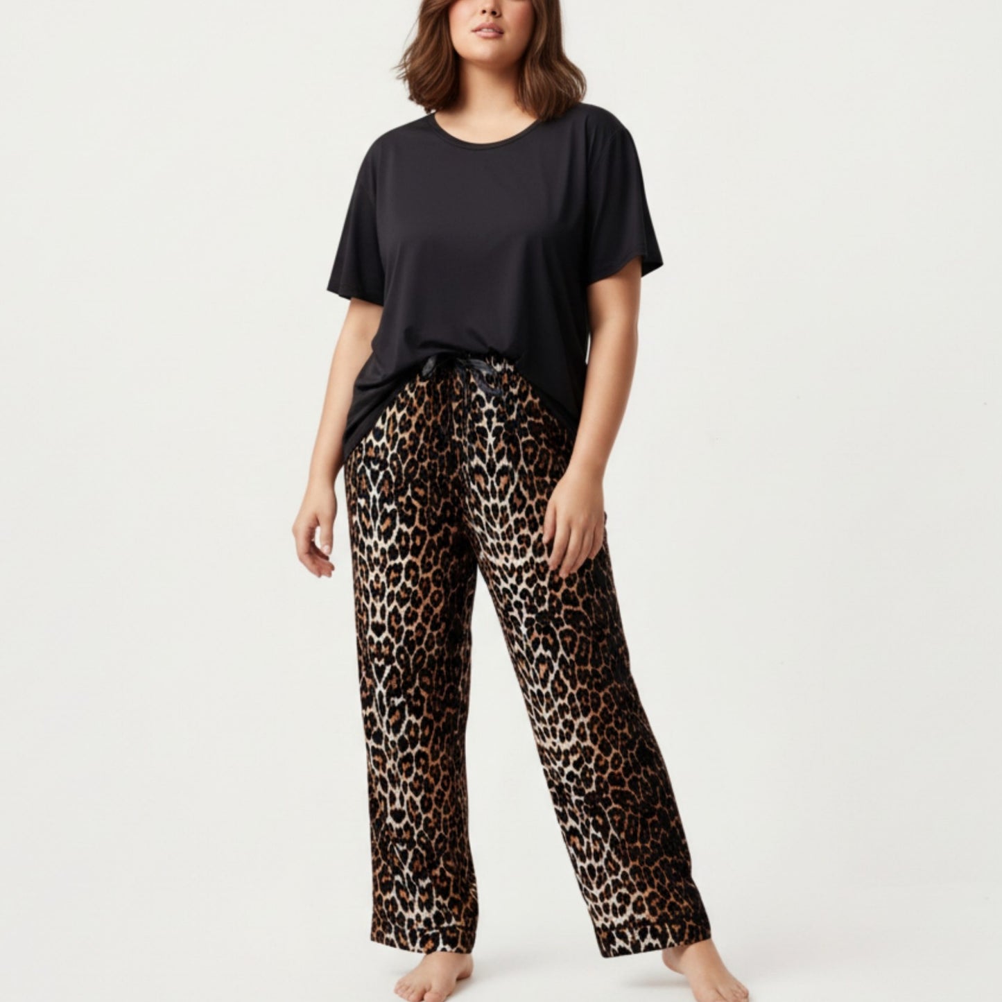 Anna-Kaci Lounge Women' s 2-Piece Set Short Sleeve Top and Leopard Print Pajama Pants with Stretch Waist Tie and Easy Straight-Leg Fit