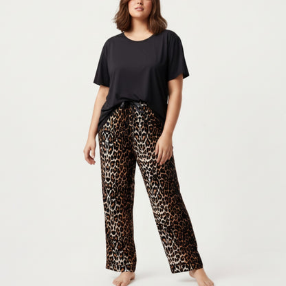 Anna-Kaci Lounge Women' s 2-Piece Set Short Sleeve Top and Leopard Print Pajama Pants with Stretch Waist Tie and Easy Straight-Leg Fit