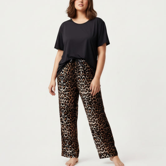 Anna-Kaci Lounge Women' s 2-Piece Set Short Sleeve Top and Leopard Print Pajama Pants with Stretch Waist Tie and Easy Straight-Leg Fit