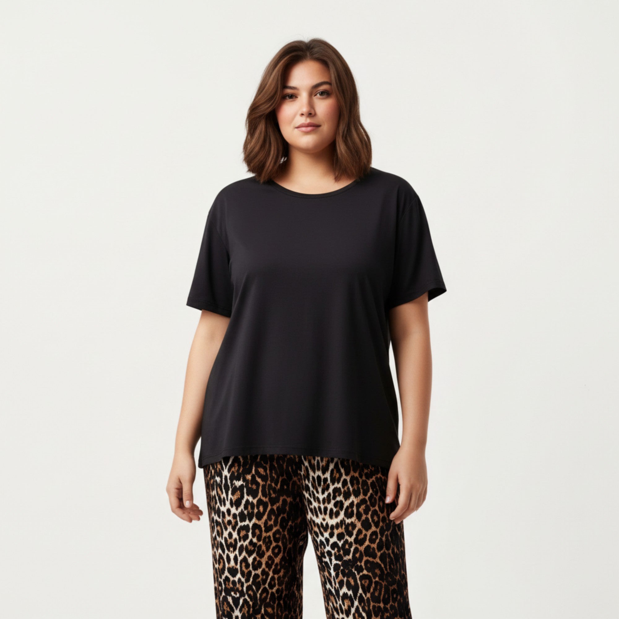Anna-Kaci Lounge Women' s 2-Piece Set Short Sleeve Top and Leopard Print Pajama Pants with Stretch Waist Tie and Easy Straight-Leg Fit