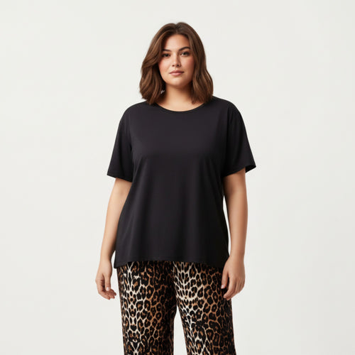Anna-Kaci Lounge Women' s 2-Piece Set Short Sleeve Top and Leopard Print Pajama Pants with Stretch Waist Tie and Easy Straight-Leg Fit