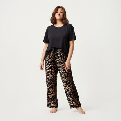 Anna-Kaci Lounge Women' s 2-Piece Set Short Sleeve Top and Leopard Print Pajama Pants with Stretch Waist Tie and Easy Straight-Leg Fit