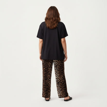Anna-Kaci Lounge Women' s 2-Piece Set Short Sleeve Top and Leopard Print Pajama Pants with Stretch Waist Tie and Easy Straight-Leg Fit