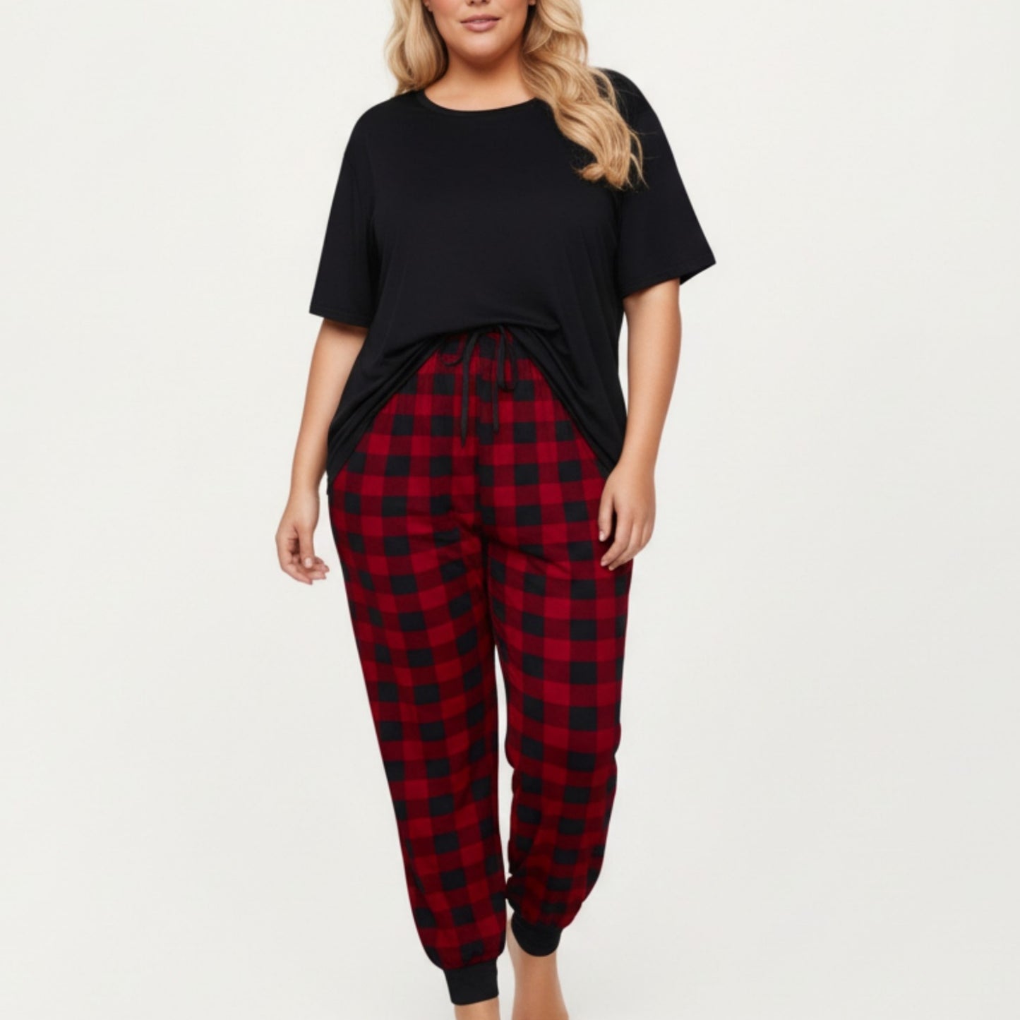 Anna-Kaci Lounge Women' s 2-Piece Set Short Sleeve Knit Top and Plaid Jogger Pajama Pants with Soft Stretch Fabric and Tapered Fit