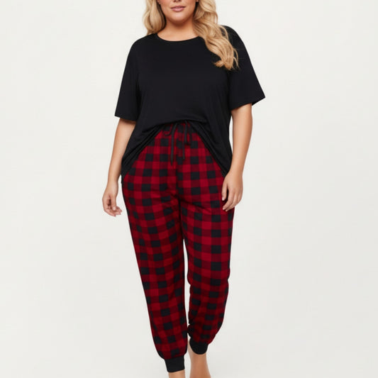 Anna-Kaci Lounge Women' s 2-Piece Set Short Sleeve Knit Top and Plaid Jogger Pajama Pants with Soft Stretch Fabric and Tapered Fit