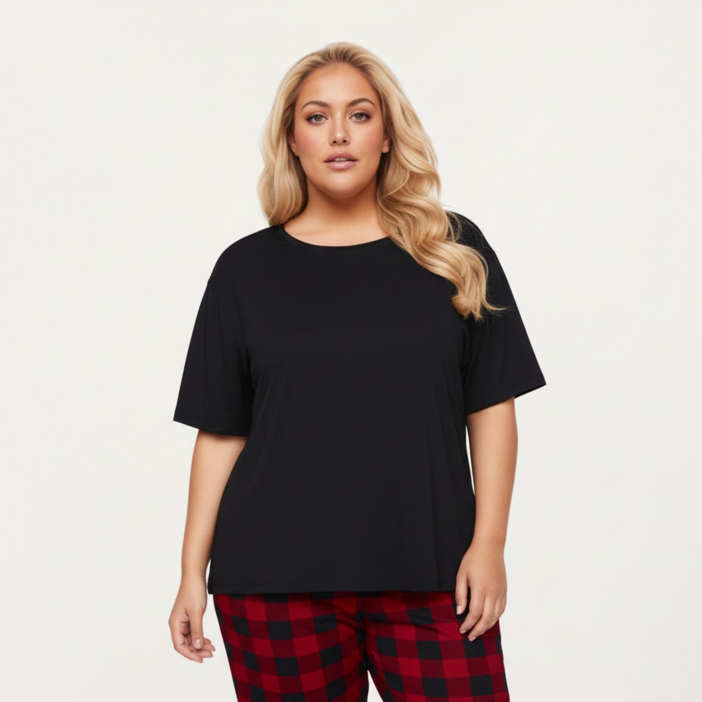 Anna-Kaci Lounge Women' s 2-Piece Set Short Sleeve Knit Top and Plaid Jogger Pajama Pants with Soft Stretch Fabric and Tapered Fit