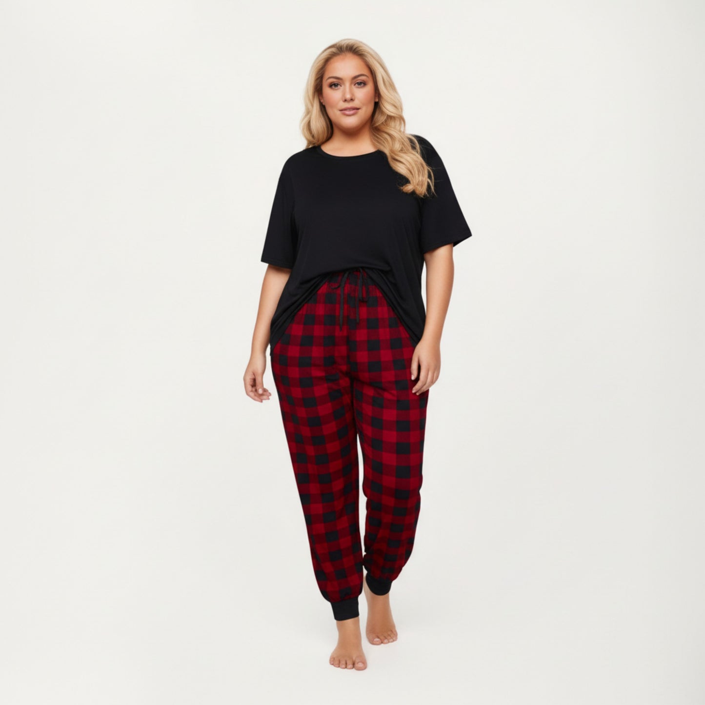 Anna-Kaci Lounge Women' s 2-Piece Set Short Sleeve Knit Top and Plaid Jogger Pajama Pants with Soft Stretch Fabric and Tapered Fit