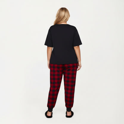 Anna-Kaci Lounge Women' s 2-Piece Set Short Sleeve Knit Top and Plaid Jogger Pajama Pants with Soft Stretch Fabric and Tapered Fit