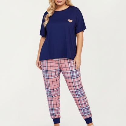Anna-Kaci Lounge Women' s 2-Piece Set Short Sleeve Knit Top and Plaid Jogger Pajama Pants with Soft Stretch Fabric and Tapered Fit