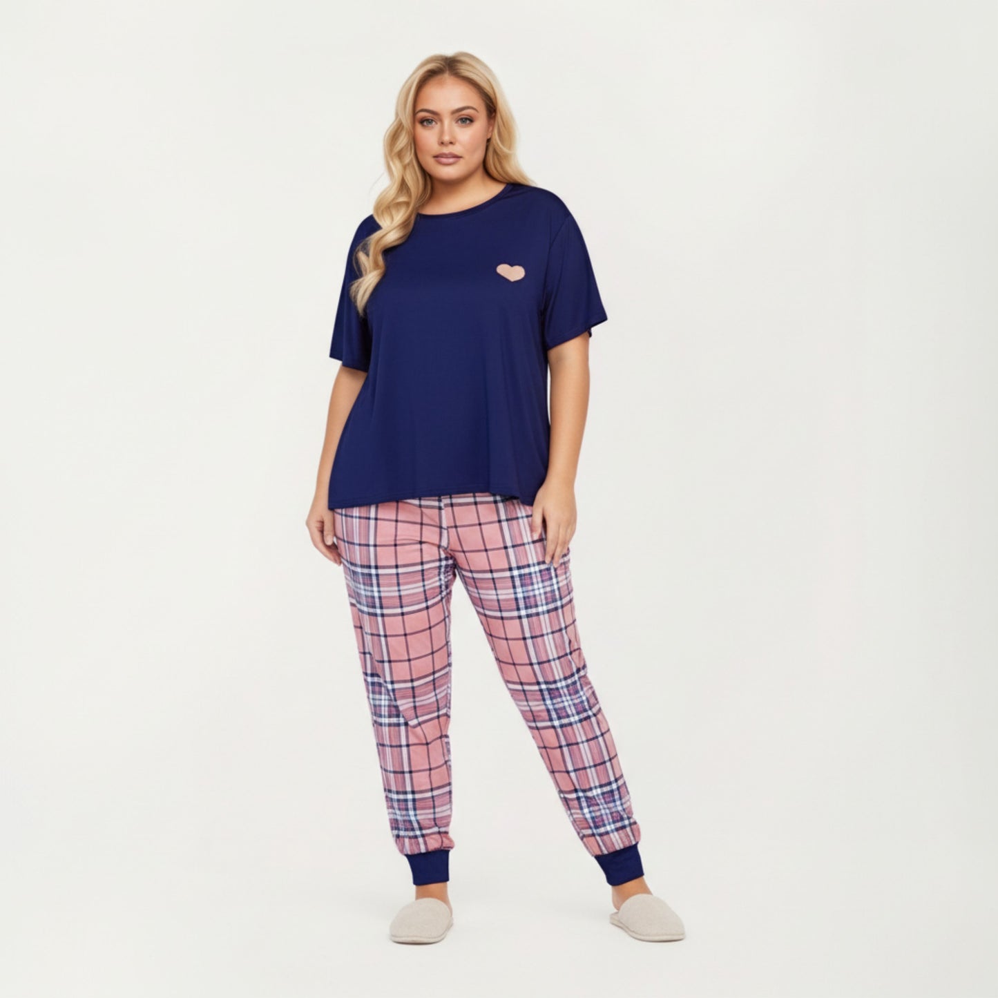 Anna-Kaci Lounge Women' s 2-Piece Set Short Sleeve Knit Top and Plaid Jogger Pajama Pants with Soft Stretch Fabric and Tapered Fit