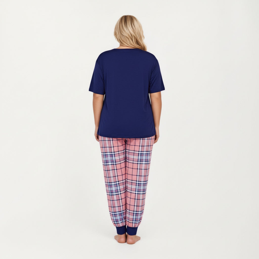 Anna-Kaci Lounge Women' s 2-Piece Set Short Sleeve Knit Top and Plaid Jogger Pajama Pants with Soft Stretch Fabric and Tapered Fit