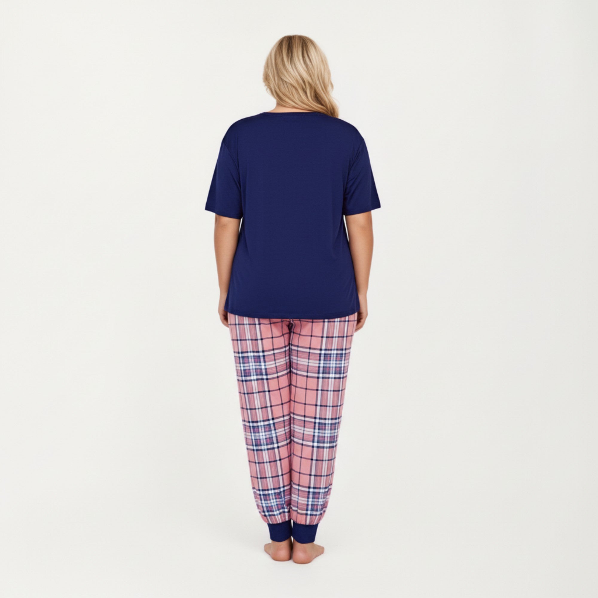Anna-Kaci Lounge Women' s 2-Piece Set Short Sleeve Knit Top and Plaid Jogger Pajama Pants with Soft Stretch Fabric and Tapered Fit