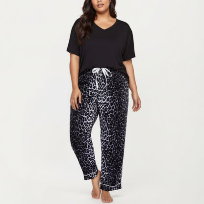 Anna-Kaci Lounge Women' s 2-Piece Set V-Neck Short Sleeve Top and Leopard Print Pajama Pants with Soft Stretch Fabric