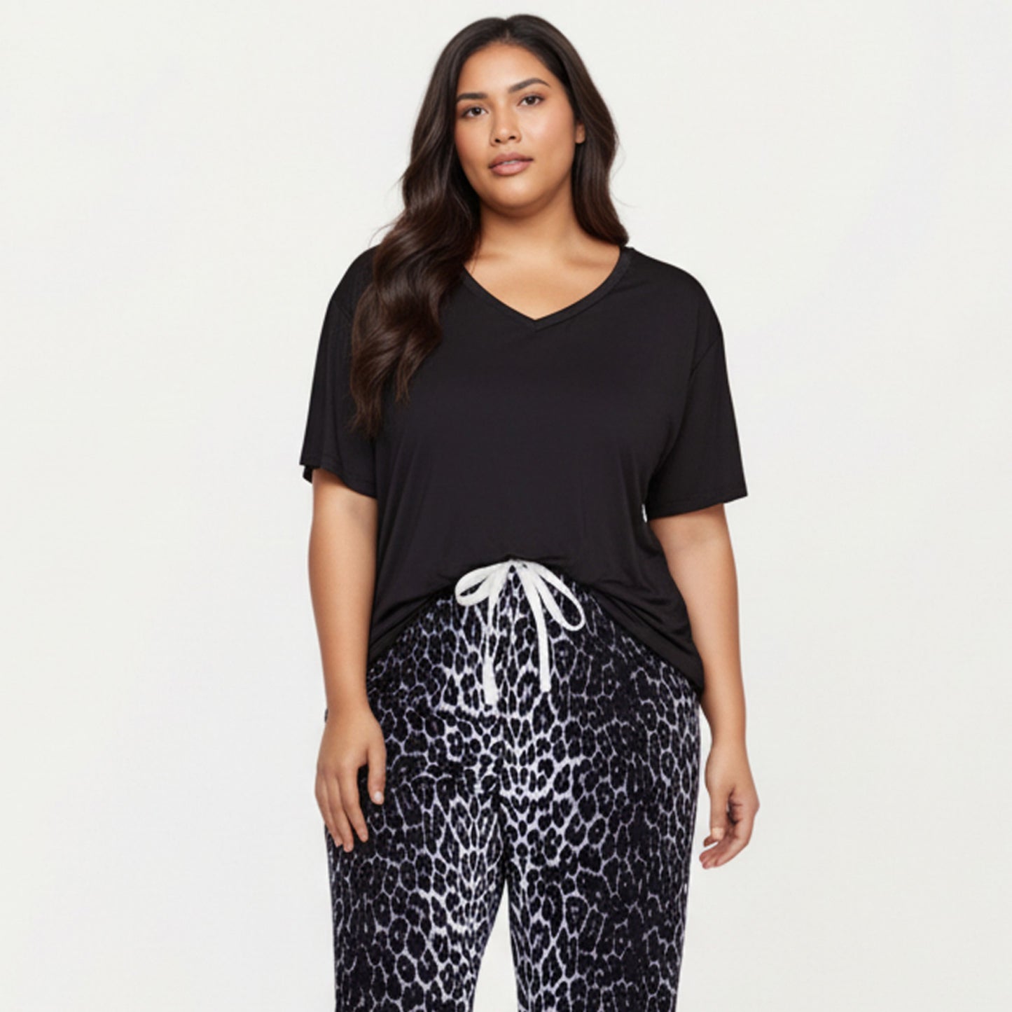 Anna-Kaci Lounge Women' s 2-Piece Set V-Neck Short Sleeve Top and Leopard Print Pajama Pants with Soft Stretch Fabric