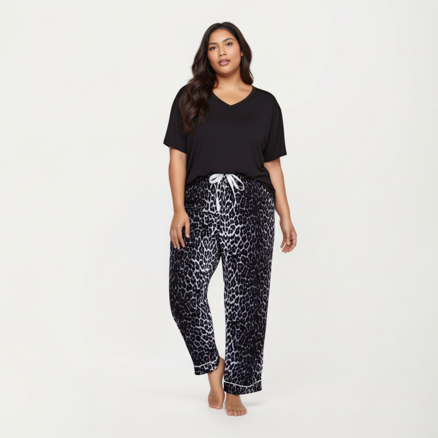 Anna-Kaci Lounge Women' s 2-Piece Set V-Neck Short Sleeve Top and Leopard Print Pajama Pants with Soft Stretch Fabric