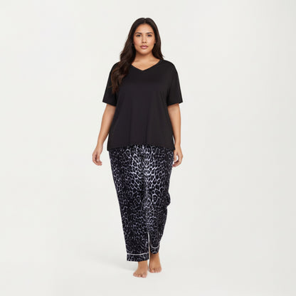 Anna-Kaci Lounge Women' s 2-Piece Set V-Neck Short Sleeve Top and Leopard Print Pajama Pants with Soft Stretch Fabric
