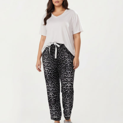Anna-Kaci Lounge Women' s 2-Piece Set V-Neck Short Sleeve Top and Leopard Print Pajama Pants with Soft Stretch Fabric