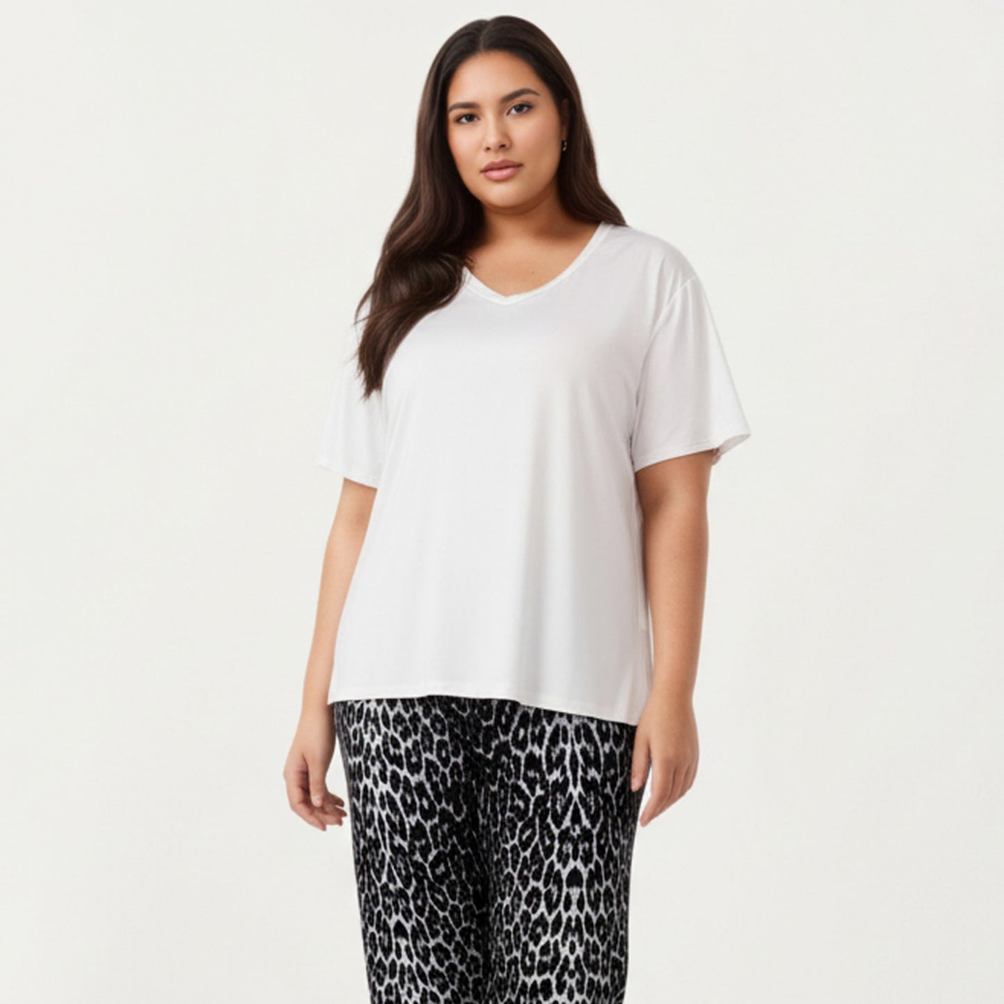 Anna-Kaci Lounge Women' s 2-Piece Set V-Neck Short Sleeve Top and Leopard Print Pajama Pants with Soft Stretch Fabric