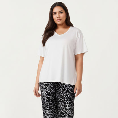 Anna-Kaci Lounge Women' s 2-Piece Set V-Neck Short Sleeve Top and Leopard Print Pajama Pants with Soft Stretch Fabric