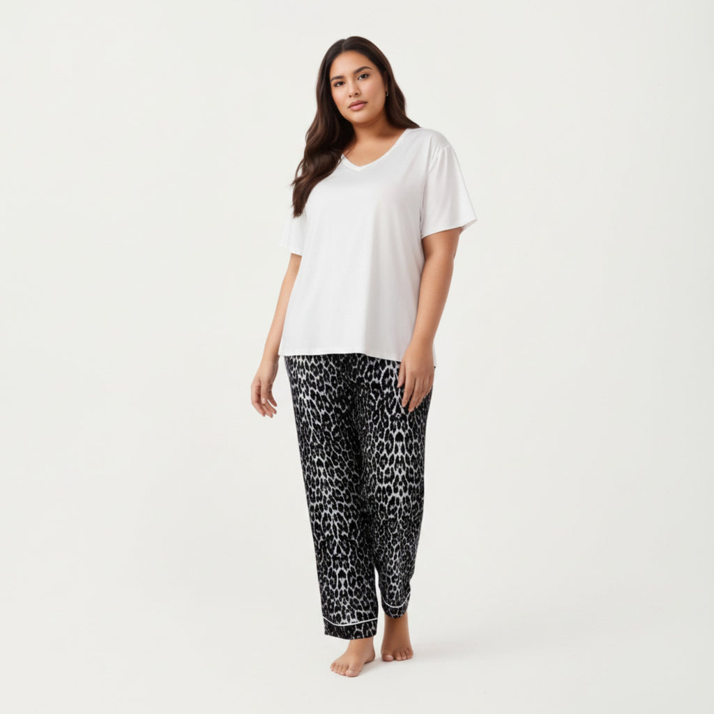 Anna-Kaci Lounge Women' s 2-Piece Set V-Neck Short Sleeve Top and Leopard Print Pajama Pants with Soft Stretch Fabric