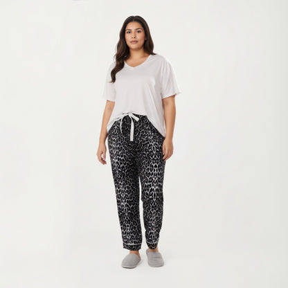Anna-Kaci Lounge Women' s 2-Piece Set V-Neck Short Sleeve Top and Leopard Print Pajama Pants with Soft Stretch Fabric