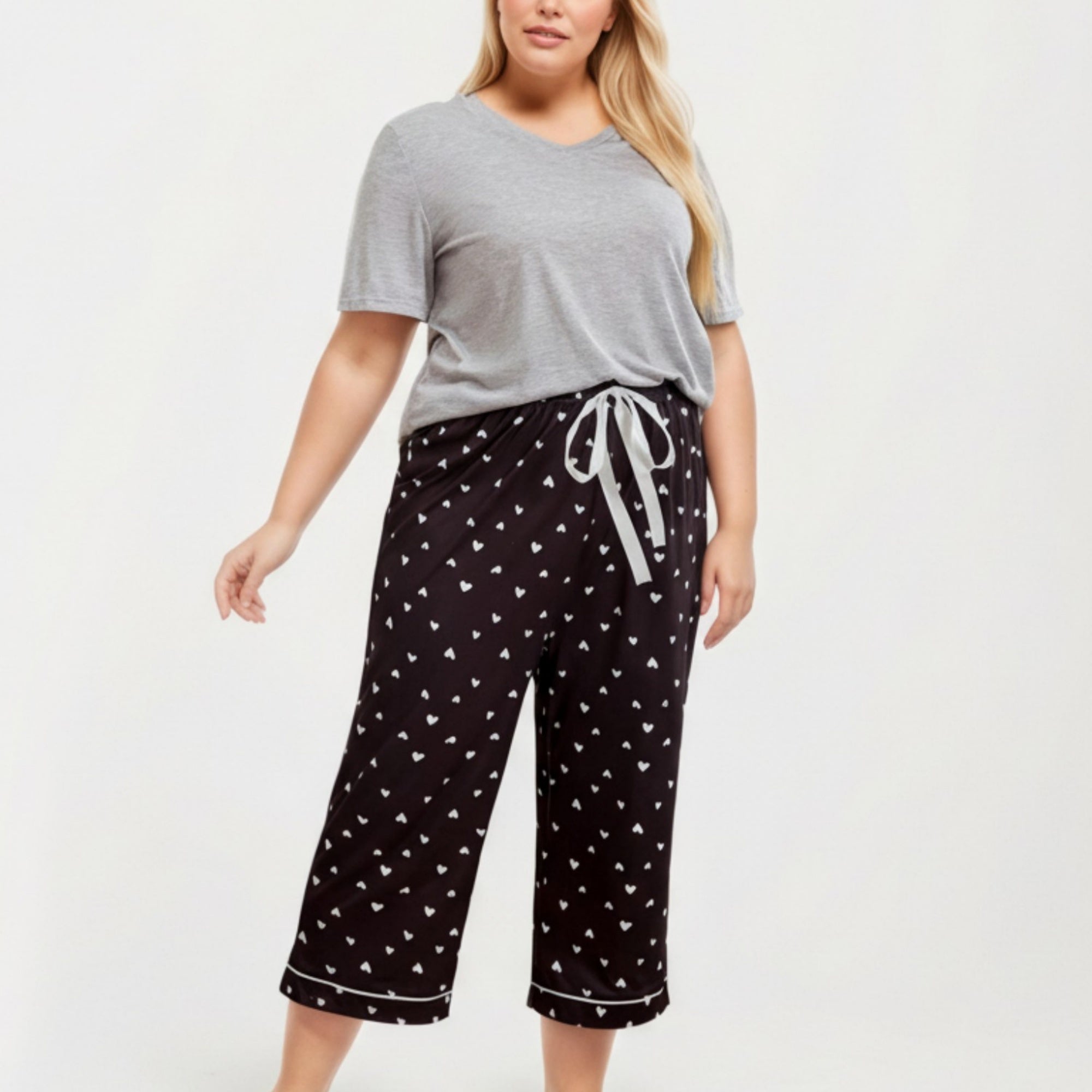 Anna-Kaci Lounge Women' s 2-Piece Set Soft Knit Short Sleeve Top and Heart Print Capri Pajama Pants with Stretch Waist Tie