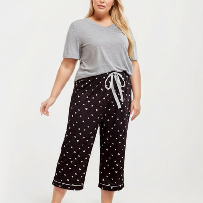 Anna-Kaci Lounge Women' s 2-Piece Set Soft Knit Short Sleeve Top and Heart Print Capri Pajama Pants with Stretch Waist Tie