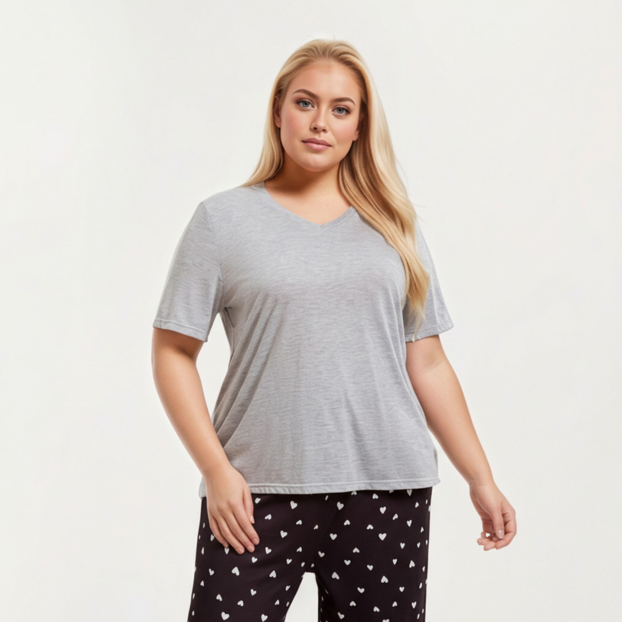 Anna-Kaci Lounge Women' s 2-Piece Set Soft Knit Short Sleeve Top and Heart Print Capri Pajama Pants with Stretch Waist Tie