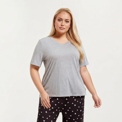 Anna-Kaci Lounge Women' s 2-Piece Set Soft Knit Short Sleeve Top and Heart Print Capri Pajama Pants with Stretch Waist Tie