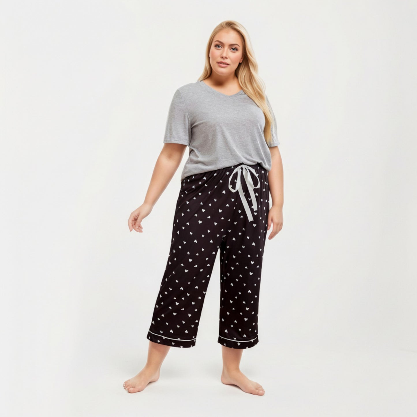 Anna-Kaci Lounge Women' s 2-Piece Set Soft Knit Short Sleeve Top and Heart Print Capri Pajama Pants with Stretch Waist Tie