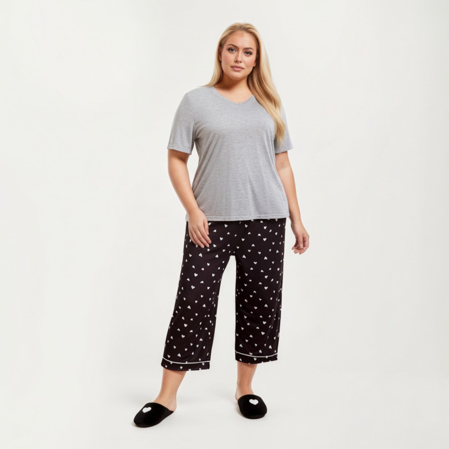 Anna-Kaci Lounge Women' s 2-Piece Set Soft Knit Short Sleeve Top and Heart Print Capri Pajama Pants with Stretch Waist Tie
