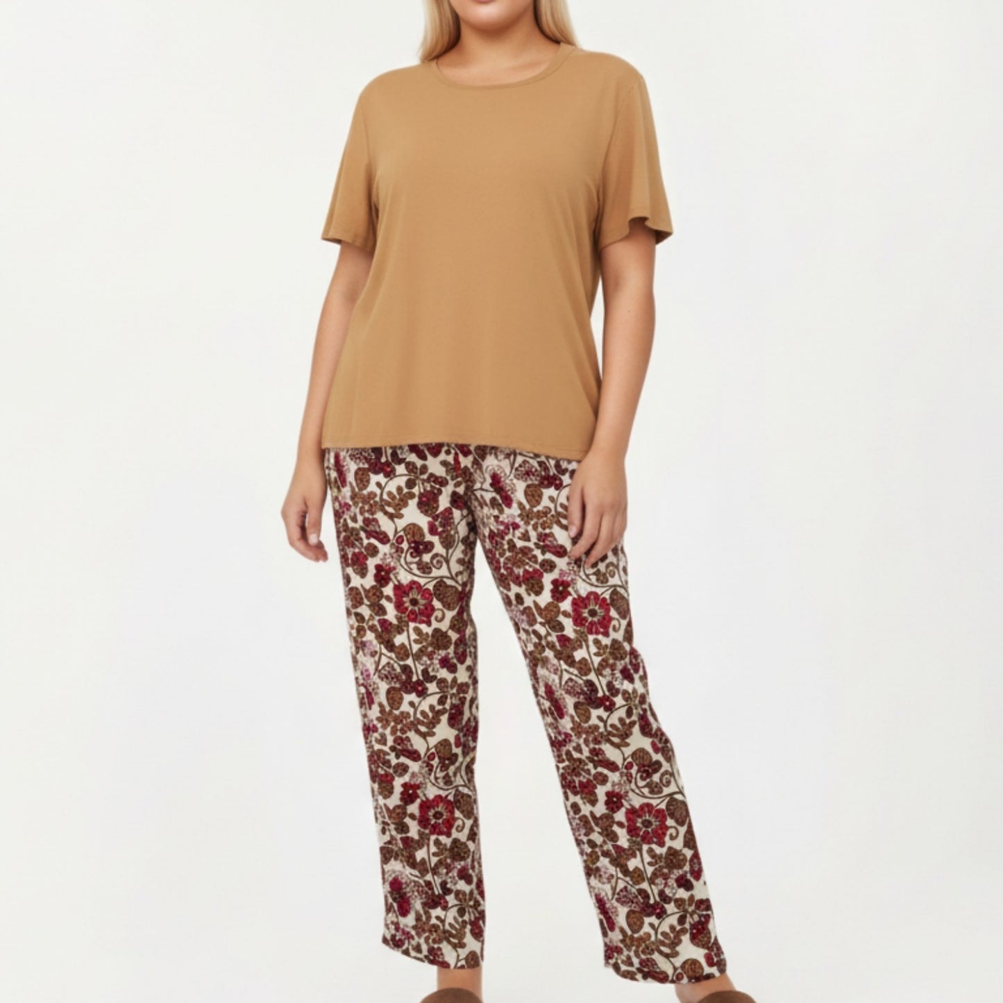 Anna-Kaci Lounge Women' s 2-Piece Set Short Sleeve Knit Top and Printed Wide-Leg Pajama Pants with Soft Stretch Fabric