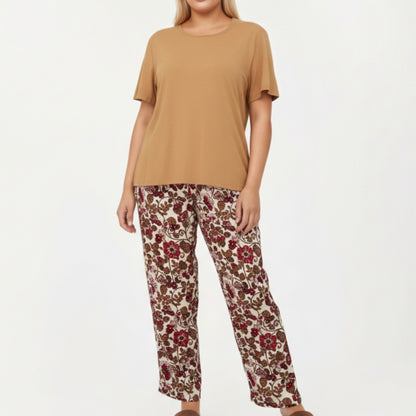 Anna-Kaci Lounge Women' s 2-Piece Set Short Sleeve Knit Top and Printed Wide-Leg Pajama Pants with Soft Stretch Fabric