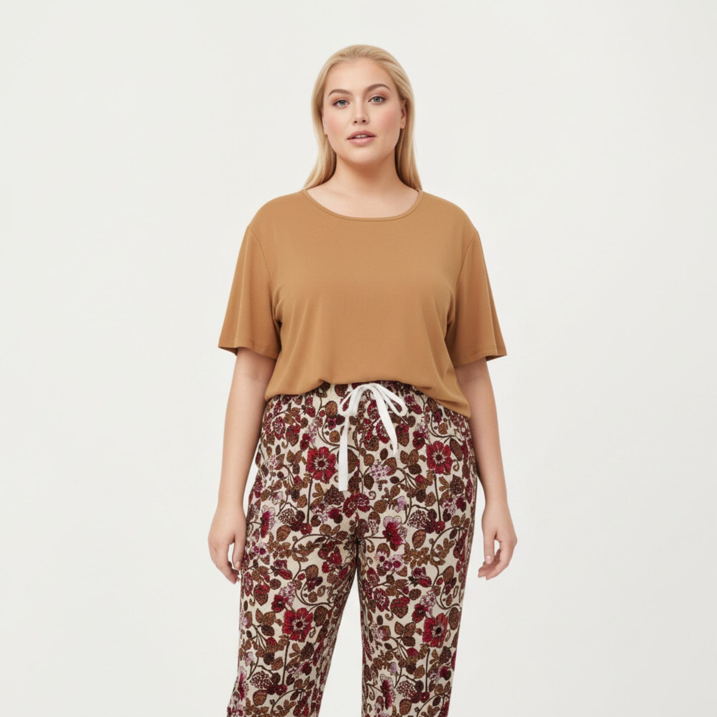 Anna-Kaci Lounge Women' s 2-Piece Set Short Sleeve Knit Top and Printed Wide-Leg Pajama Pants with Soft Stretch Fabric