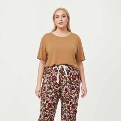Anna-Kaci Lounge Women' s 2-Piece Set Short Sleeve Knit Top and Printed Wide-Leg Pajama Pants with Soft Stretch Fabric
