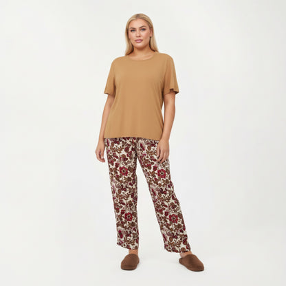 Anna-Kaci Lounge Women' s 2-Piece Set Short Sleeve Knit Top and Printed Wide-Leg Pajama Pants with Soft Stretch Fabric