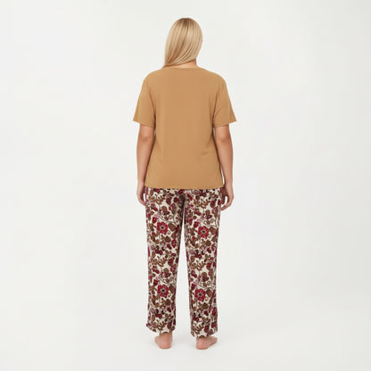 Anna-Kaci Lounge Women' s 2-Piece Set Short Sleeve Knit Top and Printed Wide-Leg Pajama Pants with Soft Stretch Fabric