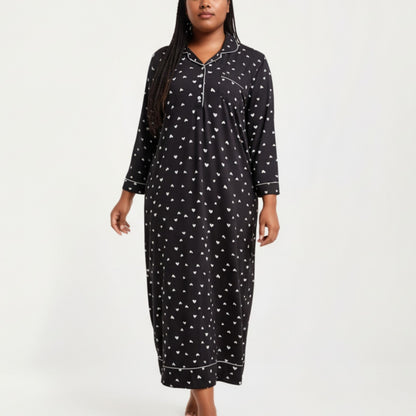 Anna-Kaci Lounge Women' s Heart Print Long Sleeve Maxi Nightgown with Soft Stretch Fabric, Classic Piped Collar Detail