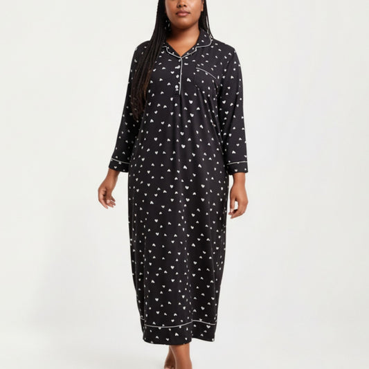 Anna-Kaci Lounge Women' s Heart Print Long Sleeve Maxi Nightgown with Soft Stretch Fabric, Classic Piped Collar Detail