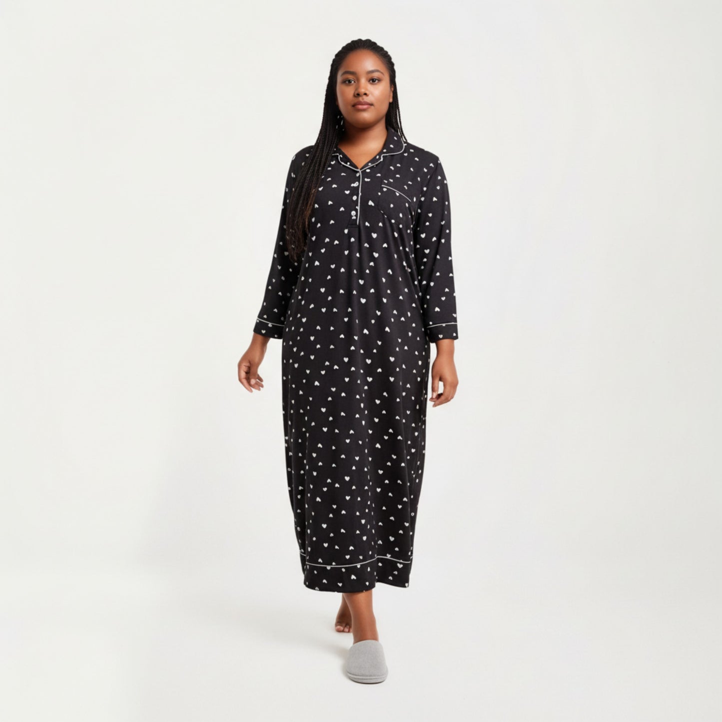 Anna-Kaci Lounge Women' s Heart Print Long Sleeve Maxi Nightgown with Soft Stretch Fabric, Classic Piped Collar Detail
