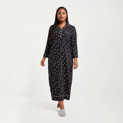 Anna-Kaci Lounge Women' s Heart Print Long Sleeve Maxi Nightgown with Soft Stretch Fabric, Classic Piped Collar Detail