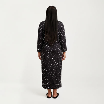 Anna-Kaci Lounge Women' s Heart Print Long Sleeve Maxi Nightgown with Soft Stretch Fabric, Classic Piped Collar Detail