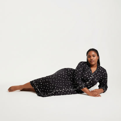 Anna-Kaci Lounge Women' s Heart Print Long Sleeve Maxi Nightgown with Soft Stretch Fabric, Classic Piped Collar Detail