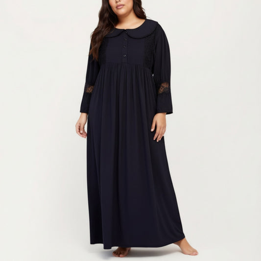 Anna-Kaci Lounge Women' s Long Sleeve Maxi Nightgown with Soft Flowing Fabric, Peter Pan Collar Detail and Lace Trim Accents on Sleeves