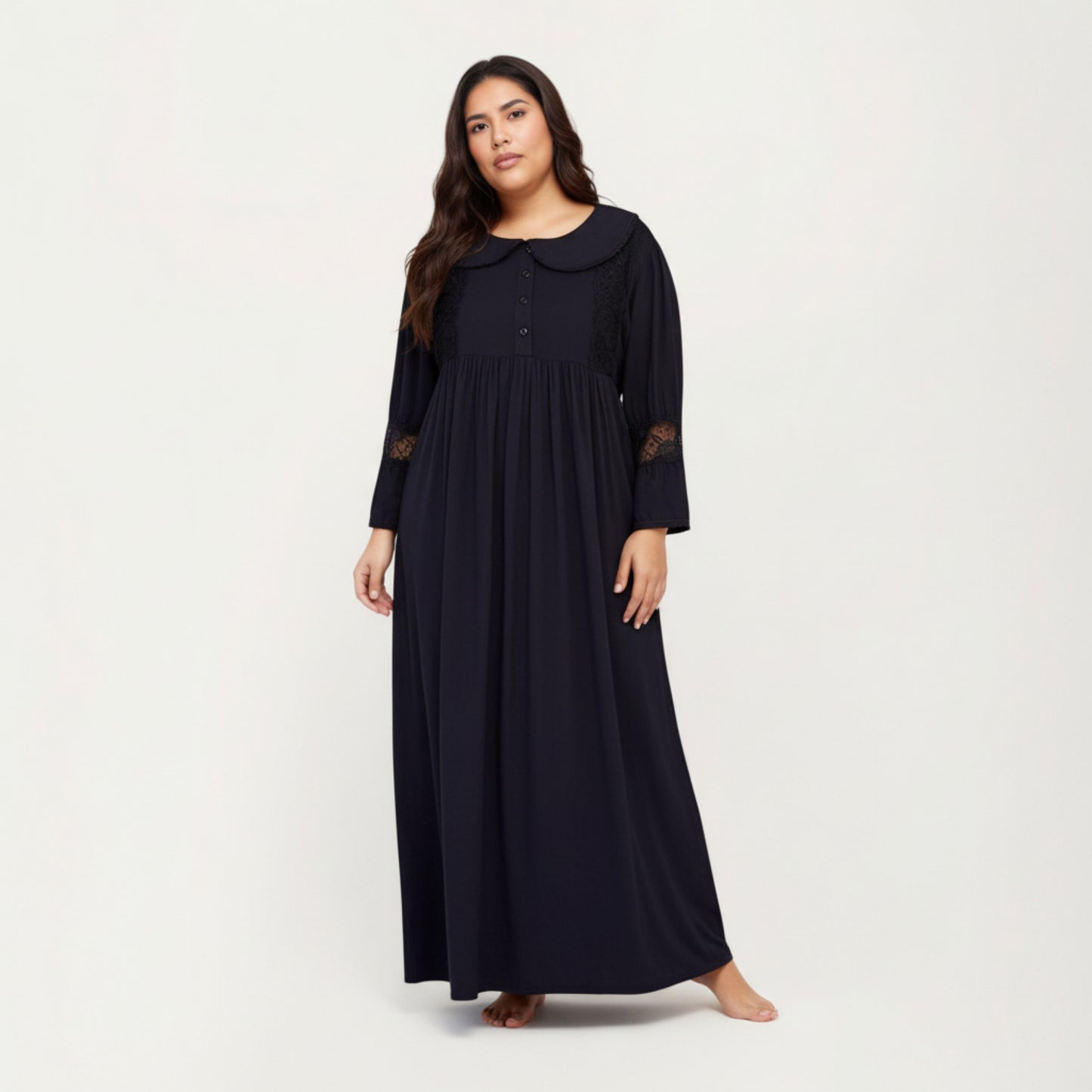 Anna-Kaci Lounge Women' s Long Sleeve Maxi Nightgown with Soft Flowing Fabric, Peter Pan Collar Detail and Lace Trim Accents on Sleeves