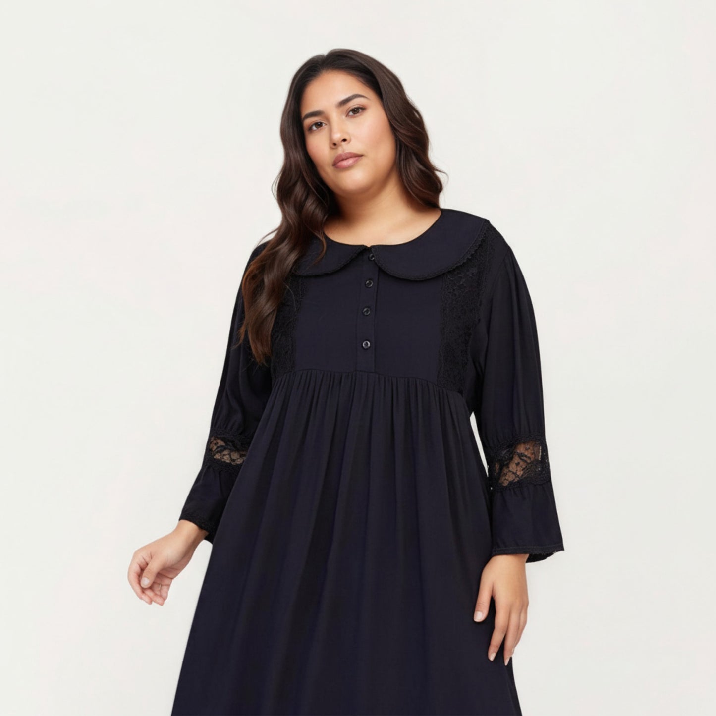 Anna-Kaci Lounge Women' s Long Sleeve Maxi Nightgown with Soft Flowing Fabric, Peter Pan Collar Detail and Lace Trim Accents on Sleeves