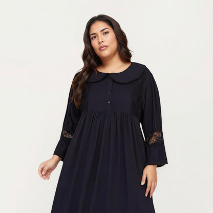 Anna-Kaci Lounge Women' s Long Sleeve Maxi Nightgown with Soft Flowing Fabric, Peter Pan Collar Detail and Lace Trim Accents on Sleeves