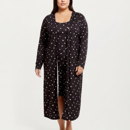 Anna-Kaci Lounge Women' s 2-Piece Set Heart Print Longline Duster and Matching Tank Dress with Soft Stretch Fabric